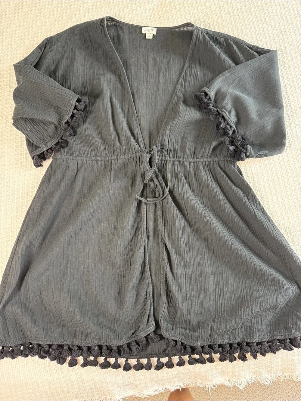 J Crew black cotton tassel tie front bathing suit swim coverup kimono size large